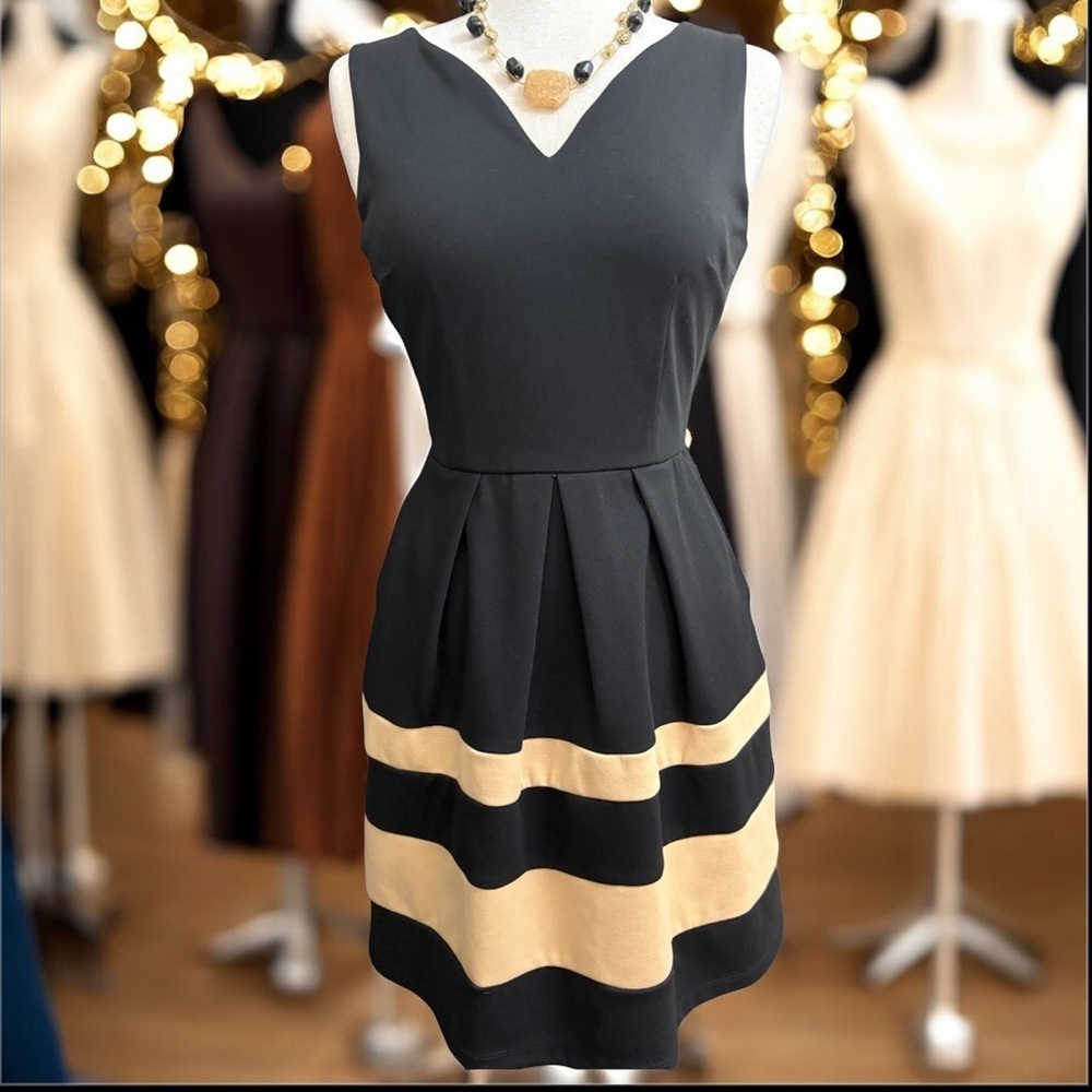 IZ Byer Black Sleeveless Pleated A-Line Dress with Tan Stripes | Size 7